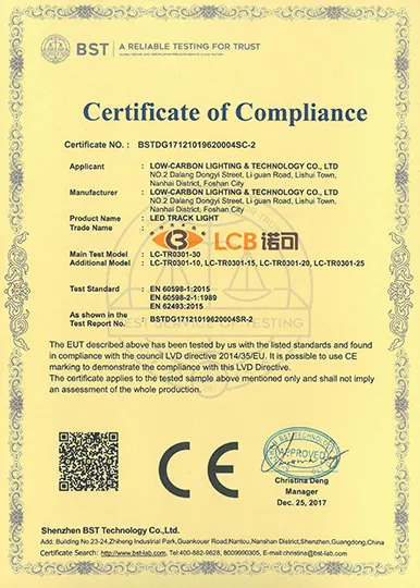 CE LVD safety certificate for TR0301 track spotlight