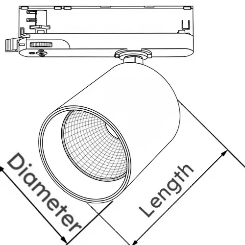 Black VUE-D 650 selectable LED track light dimensions drawing for retail track rails