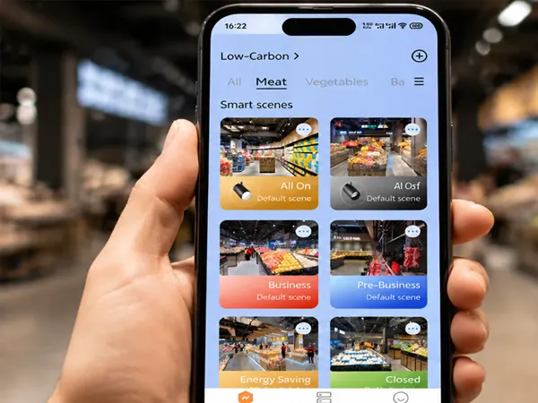 Hand holding phone showing Low-Carbon app smart scenes for BEAM-TR control