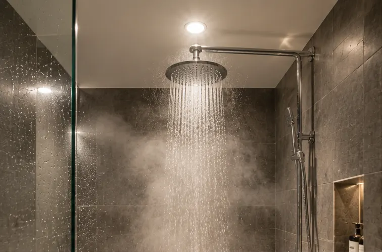 Hotel shower ceiling lit by IP65 recessed downlights