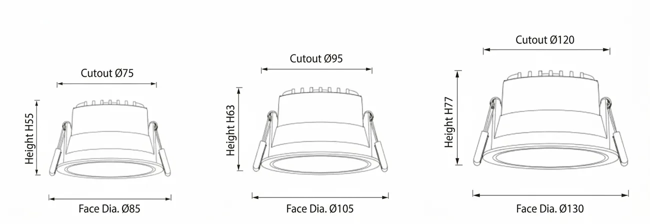 LC-DL04 downlight dimensions for 75mm 95mm and 120mm cutouts