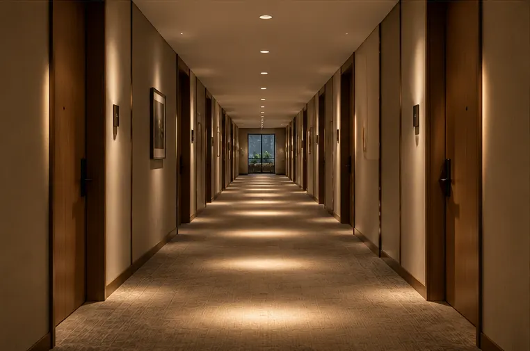 Guestroom corridor under Ra90 DIP selectable TRIAC downlight wash