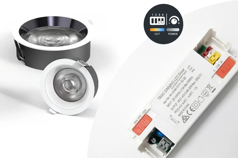 Corpo in alluminio del downlight PURE-DS con selezione DIP per la dissipazione del calore