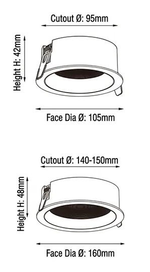 Dimensioni del downlight PURE-DS con selezione DIP: corpi da 95 e 145mm