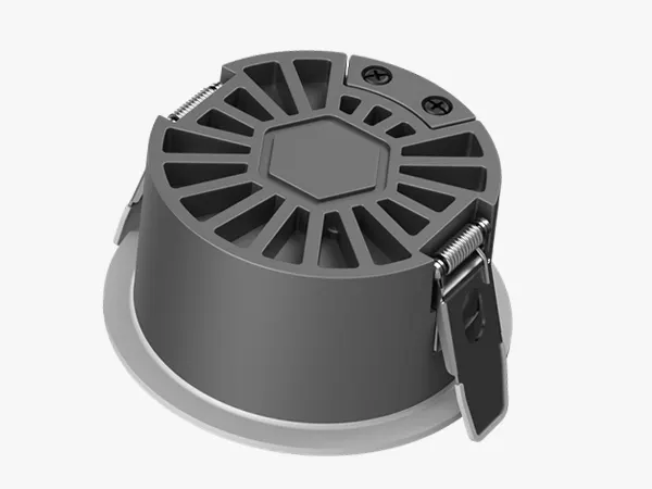 Profilo laterale del downlight PURE-DS nero con selezione DIP, che mostra la profondità della ghiera