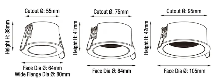 Wymiary oprawy wpuszczanej PURE-DW dim to warm – obudowy od 55 do 95mm