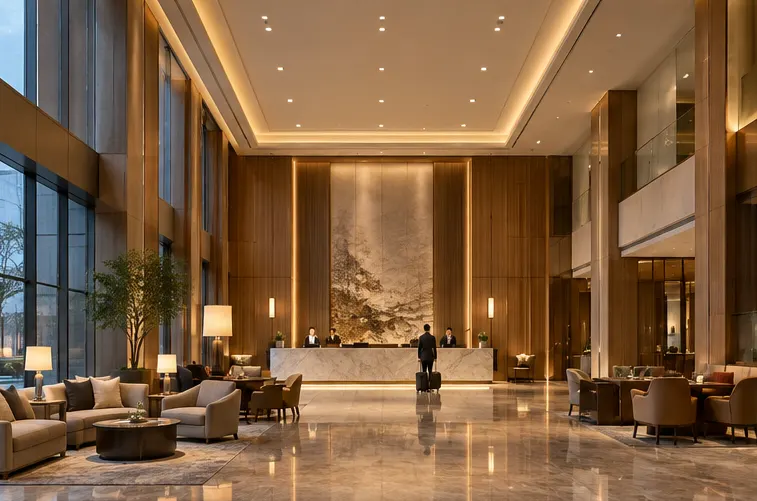 Hotel lobby with recessed downlights over reception seating area