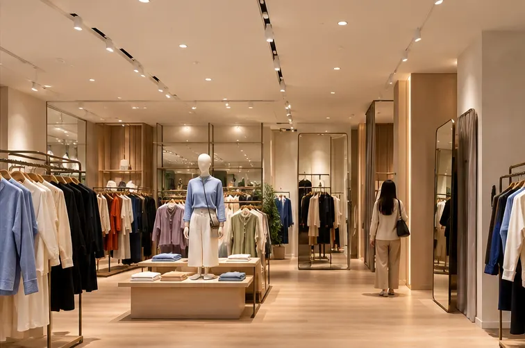 Clothing retail store lit by SMD 60-degree recessed downlights