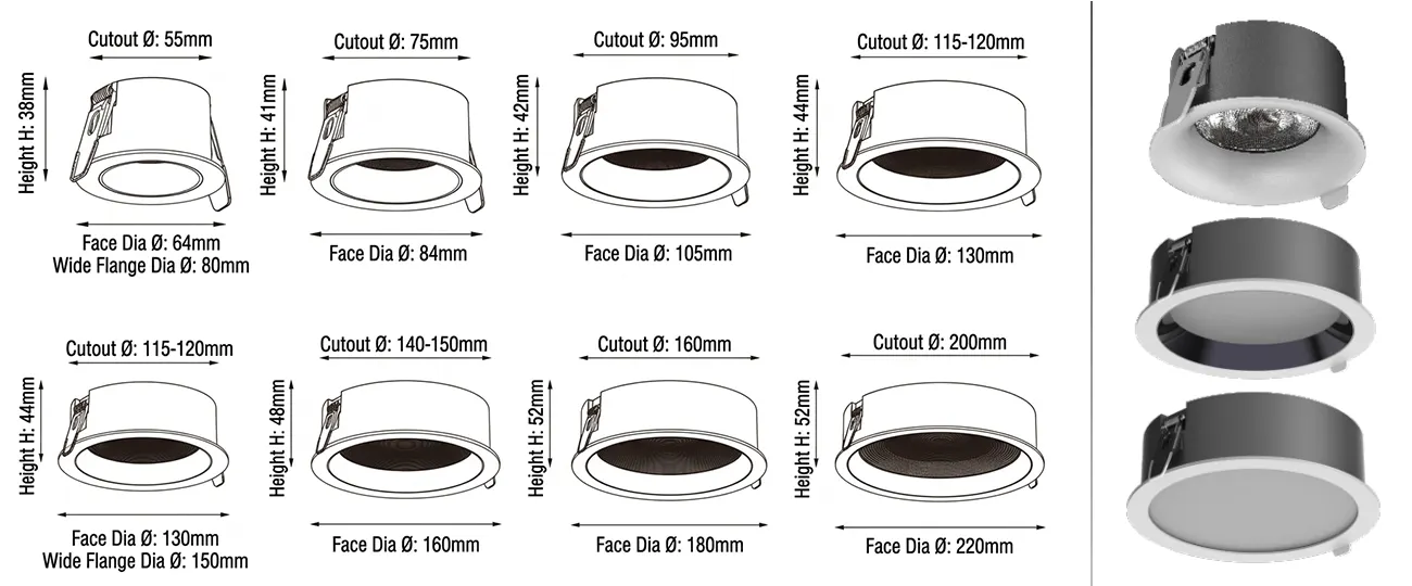 PURE-S DL02 recessed downlight dimensions 2 to 8 inch housings