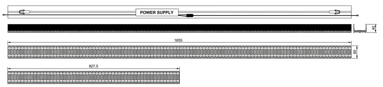 Dimensions du profil EVAL-E 1655 par 60 par 40mm avec pièces de jonction et clips