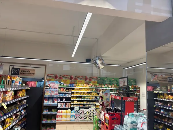 Profilés de luminaire EVAL-E raccordés en ligne continue dans un supermarché