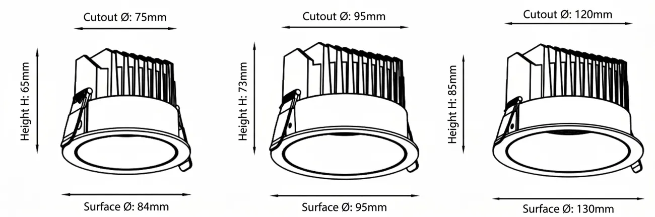 Dimensioni downlight LC-DL03 per foro di incasso da 75mm, 95mm e 120mm