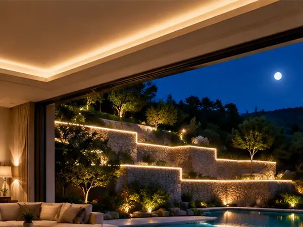LC-NT mid-size top bend silicone neon flex lining a ceiling cove and terraced garden wall