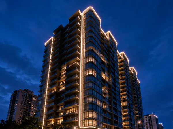 LC-NT jumbo top bend silicone neon flex tracing a tower facade perimeter at night