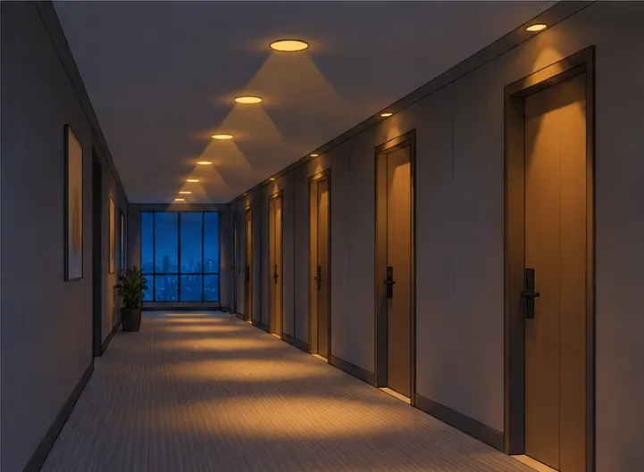 Spots encastrés GLOW-D DL01 éclairant un couloir d'hôtel au niveau d'occupation