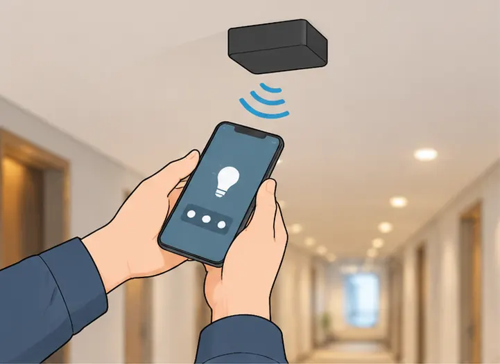 Mise en service par smartphone du driver NFC mode couloir SRP-ZG9105N par l'installateur dans un couloir d'hôtel