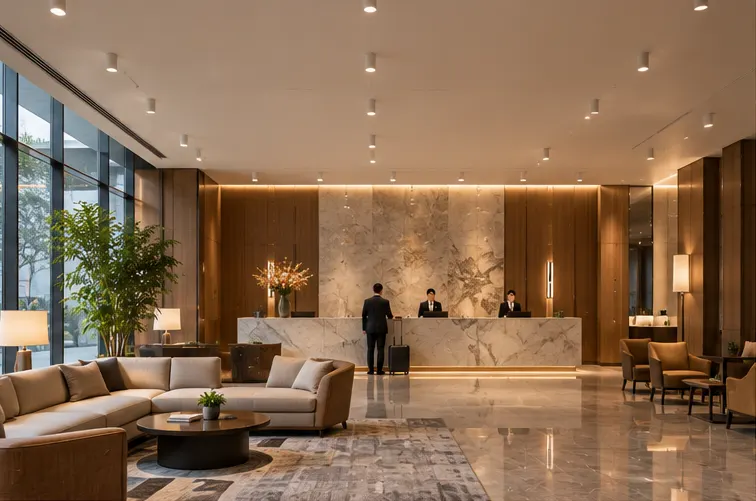Lobby di hotel illuminata da downlight a plafone SURF-C sopra l'area sedute della reception