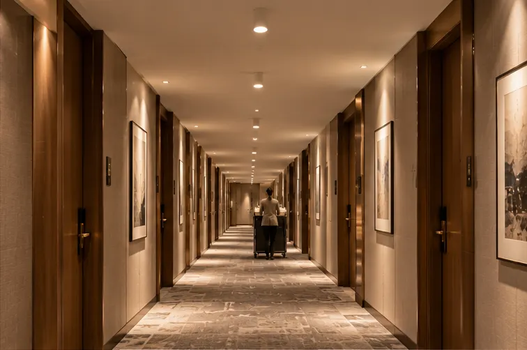 Corridoio di hotel illuminato da downlight a plafone SURF-C con fascio a 60 gradi