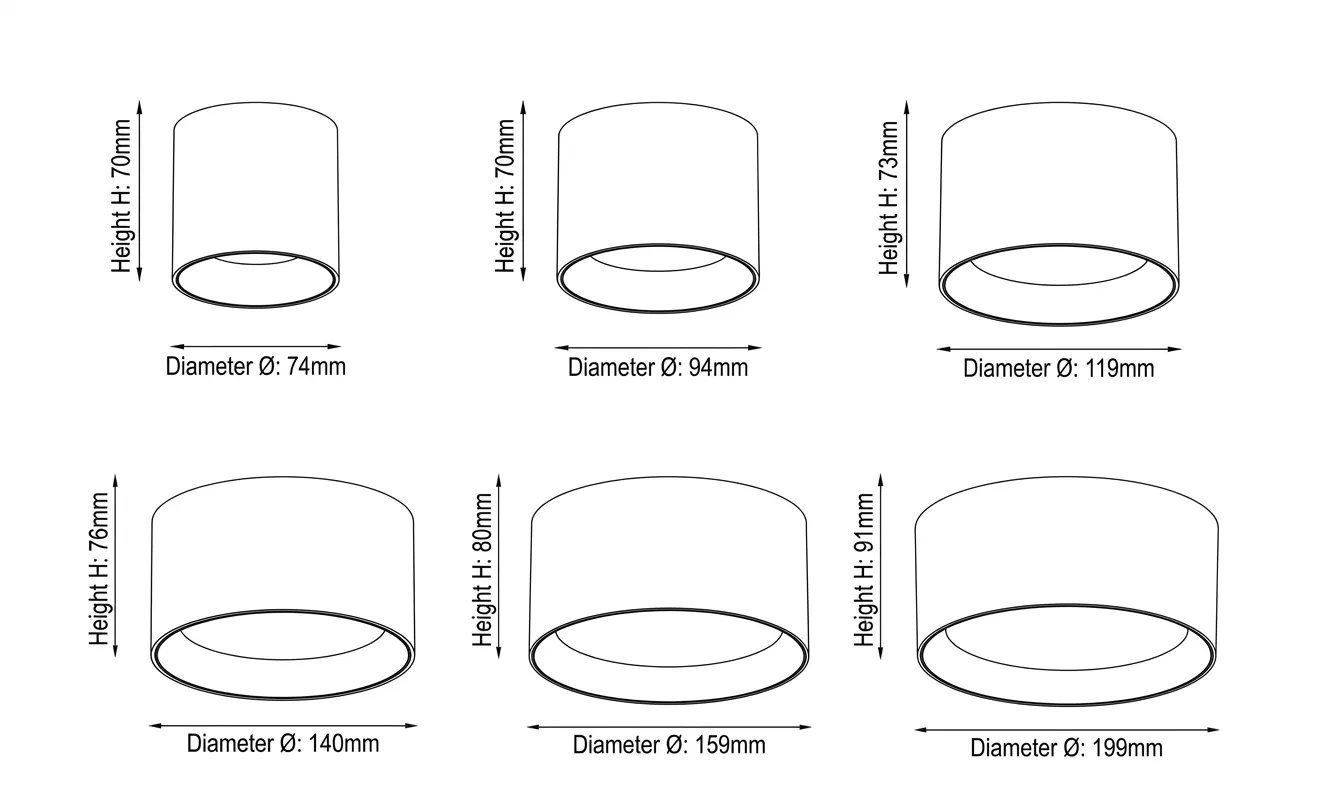 Dimensi lampu downlight surface-mounted SURF-C untuk housing 2.5 hingga 8 inci