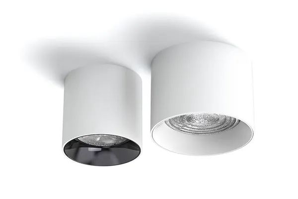 Lampu downlight surface-mounted SURF-C putih terpasang pada plafon beton hotel tanpa lubang potong
