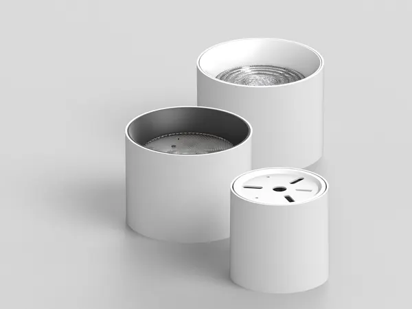 Profil samping lampu downlight surface-mounted SURF-C putih yang memperlihatkan kedalaman silinder