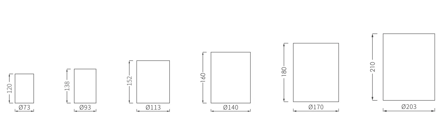 Dimensiones del downlight cilíndrico de superficie CUBE-D, cuerpos de 3 a 8 pulgadas