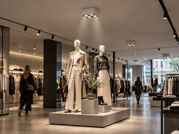 QUAD-S box spotlights dropping straight-down pools over boutique aisle