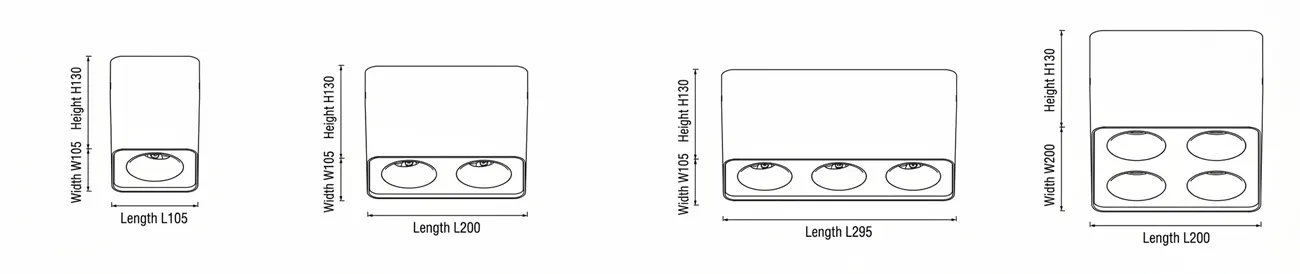 Dimensioni del faretto scatolato a plafone QUAD-S con corpi singoli, doppi, tripli e quadrupli
