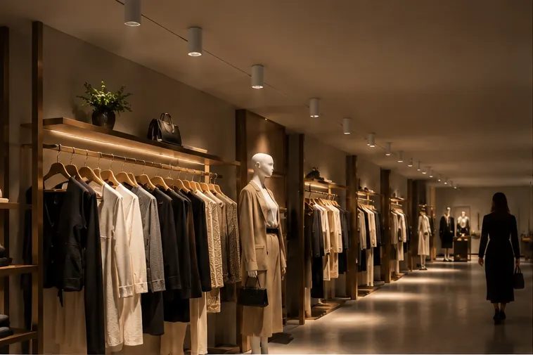HUBX-C dark-light cylinders accenting boutique apparel rails with narrow beams