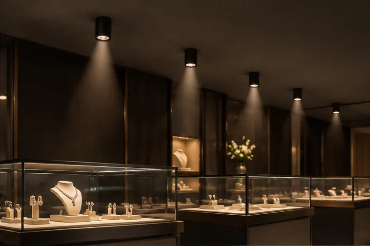 HUBX-C dark-light cylinders dropping glare-free pools over jewelry counters in shops