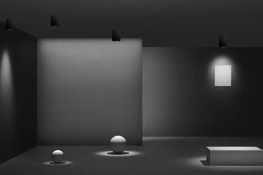 HUBX-C dark-light cylinders throwing deep shielded pools with dark shop ceiling around