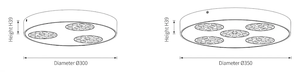 DISK-R flat disc dimensions for 3-head Ø300 and 5-head Ø350 housings