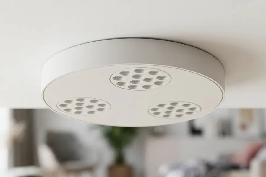 DISK-R 39mm flat discs sitting almost flush on a finished retail ceiling