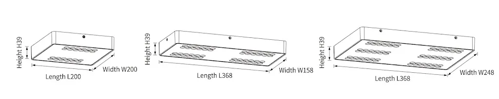 SLAB-S square plate dimensions for 2-head 200mm 4-head 368x158 and 6-head 368x248 housings