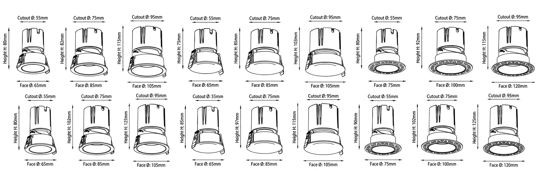 Maßzeichnung des AXIS-X Einbau-Downlights mit Deckenausschnitten von 55, 75 und 95mm