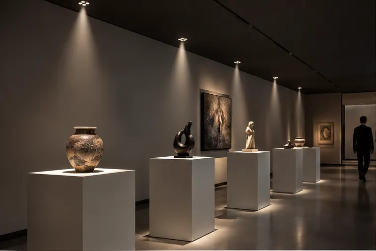 DOTS-C multi-cell downlights dropping glare-free pools over gallery display plinths