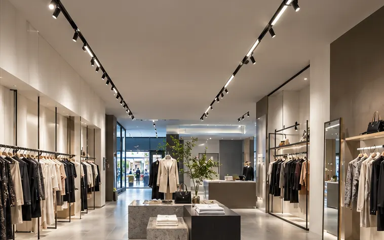 TRON-WC Casambi linear track light over shop clothing aisle