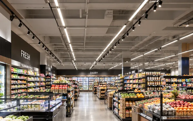TRON-WC DIP selectable Casambi track light along supermarket aisle