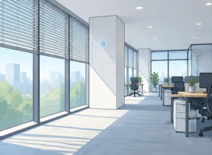Comando per tapparelle Zigbee e sensore ambientale in un ampio ufficio open space