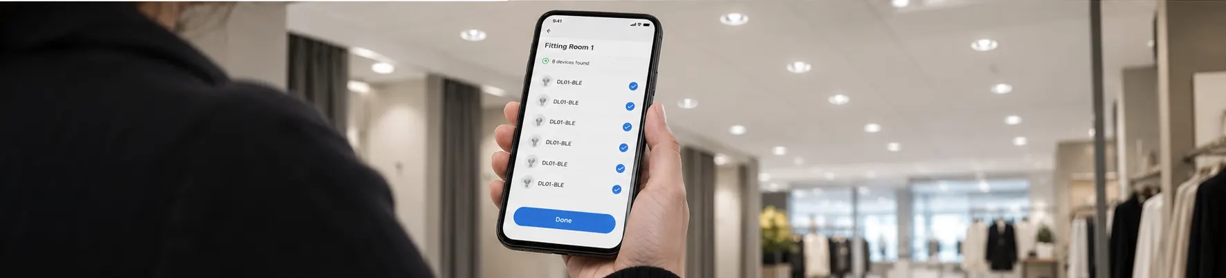 Phone BLE app adding a retail lighting zone with luminaires discovered