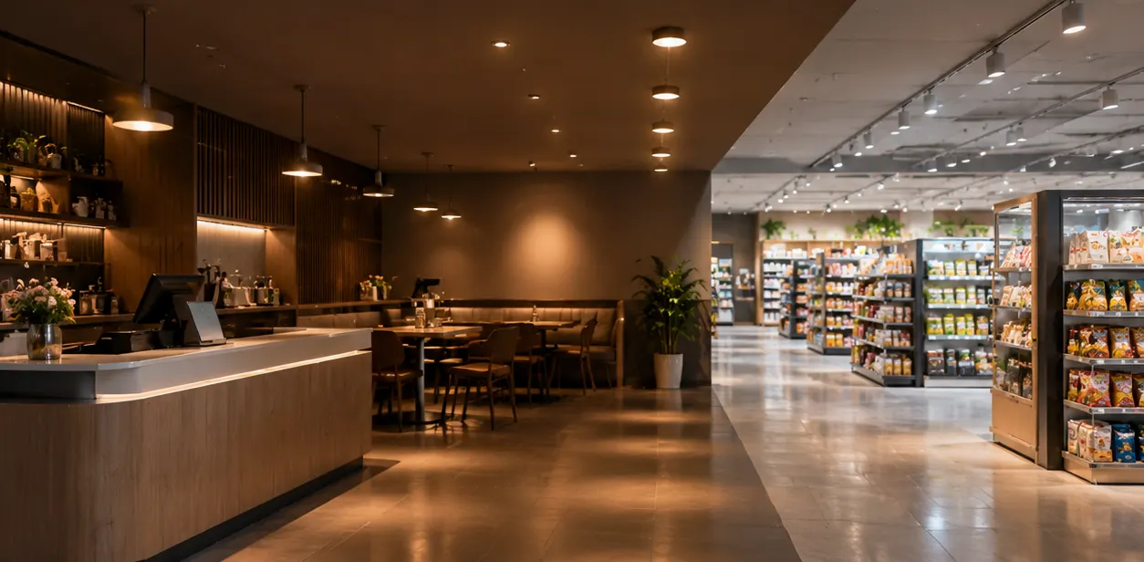 Dimmed checkout zone showing local scene control without internet or new wiring