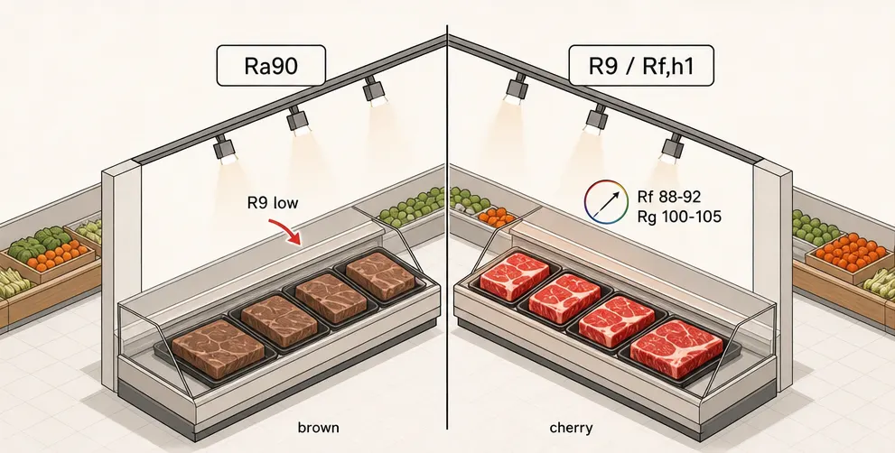 Lorong supermarket dengan daging merah muda dan produk segar di bawah pencahayaan lampu trek ritel yang disesuaikan, menampilkan perbedaan CRI R9 vs TM30