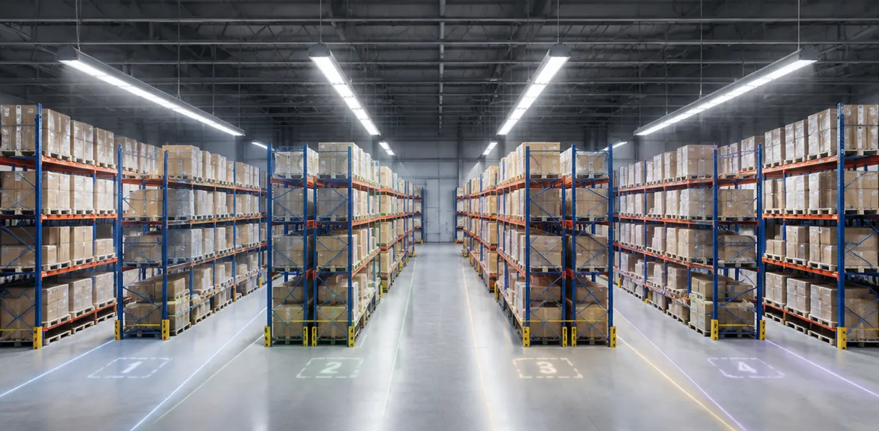 High-bay warehouse aisle with DALI zones ready for Class A energy reporting