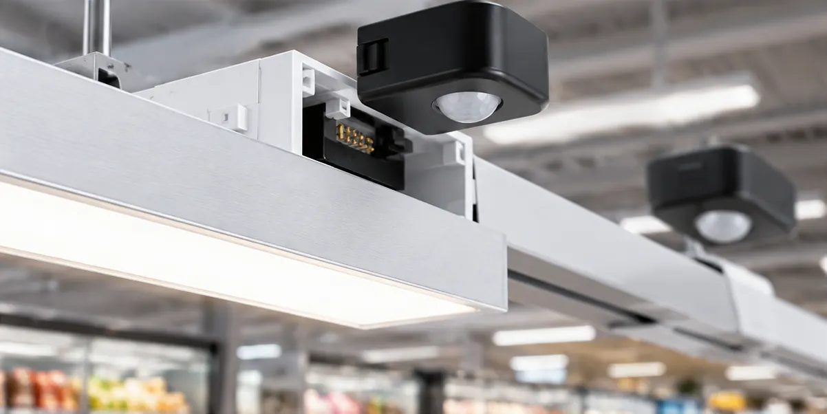 Zhaga Book 20 D4i daylight sensor module on indoor luminaire for supermarket daylight harvesting