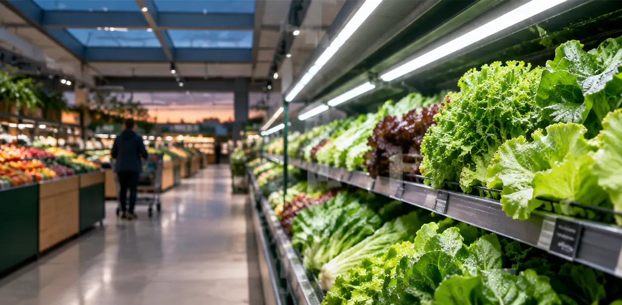 White PANE-P linear panel holding lux in produce aisle as daylight fades