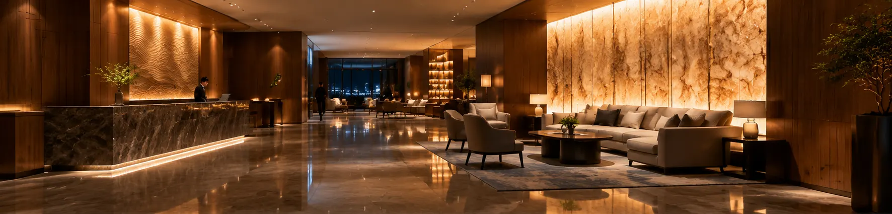 Warme Hotellobby am Abend mit Einbau-Downlights und stimmungsvoller Wandflutung
