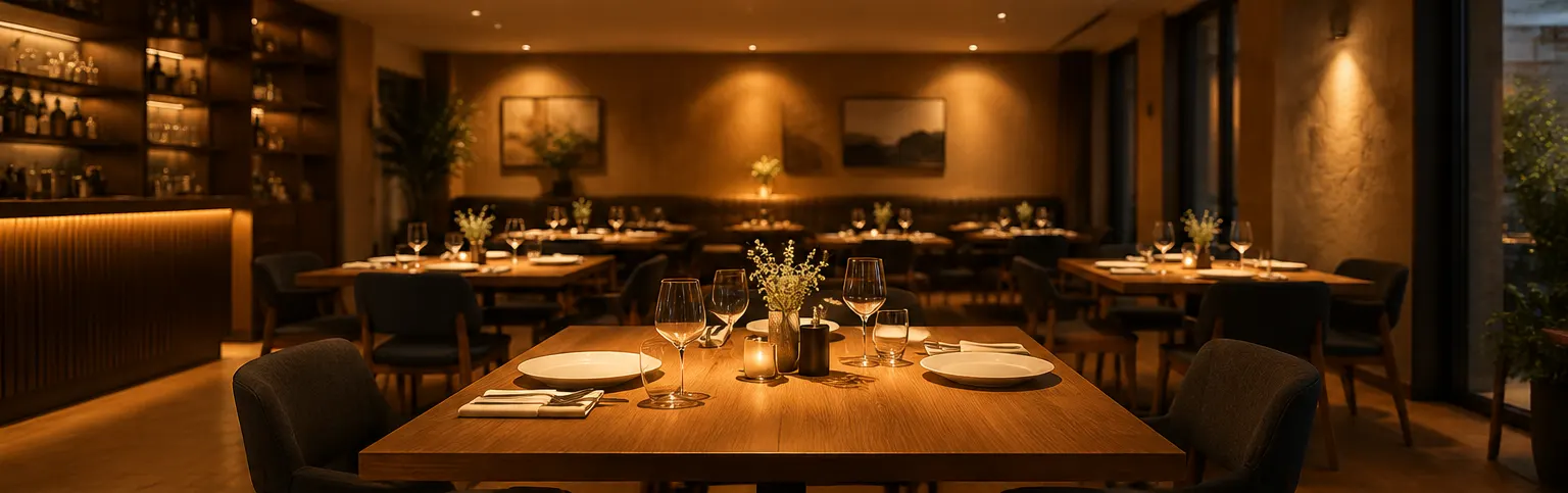 Schwarze Einbau-Downlights erzeugen warmes Zonenlicht über Restauranttischen beim Abendessen