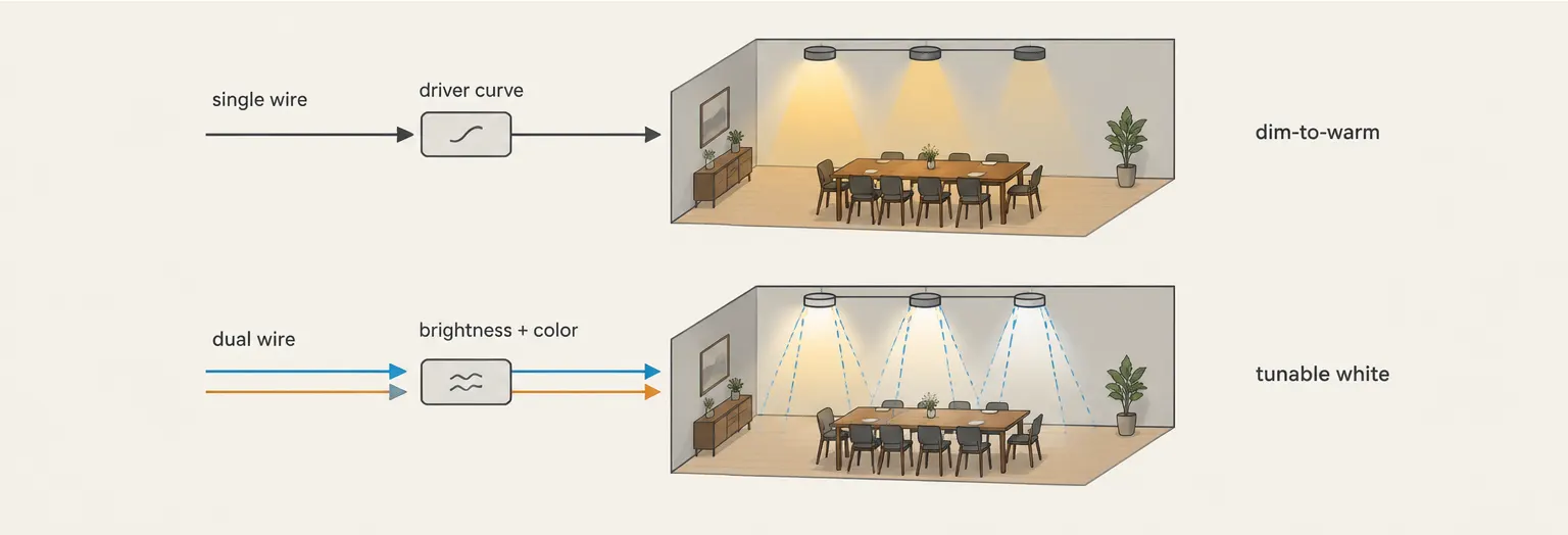 Diagramm zum Vergleich von Eindraht-Dim-to-Warm-Steuerung und Zweidraht-Tunable-White-Steuerung