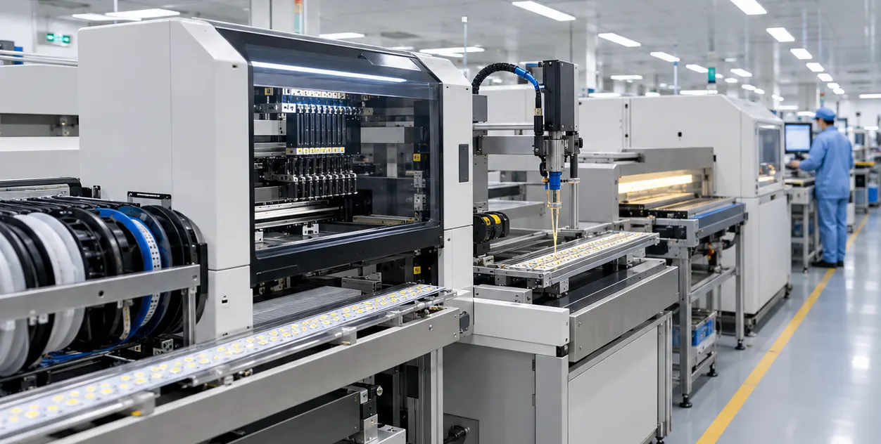 Automatic placement machine filling an LED strip on the production line