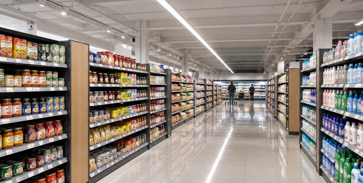 Supermarket aisle lit by a continuous run of white trunk linear lights